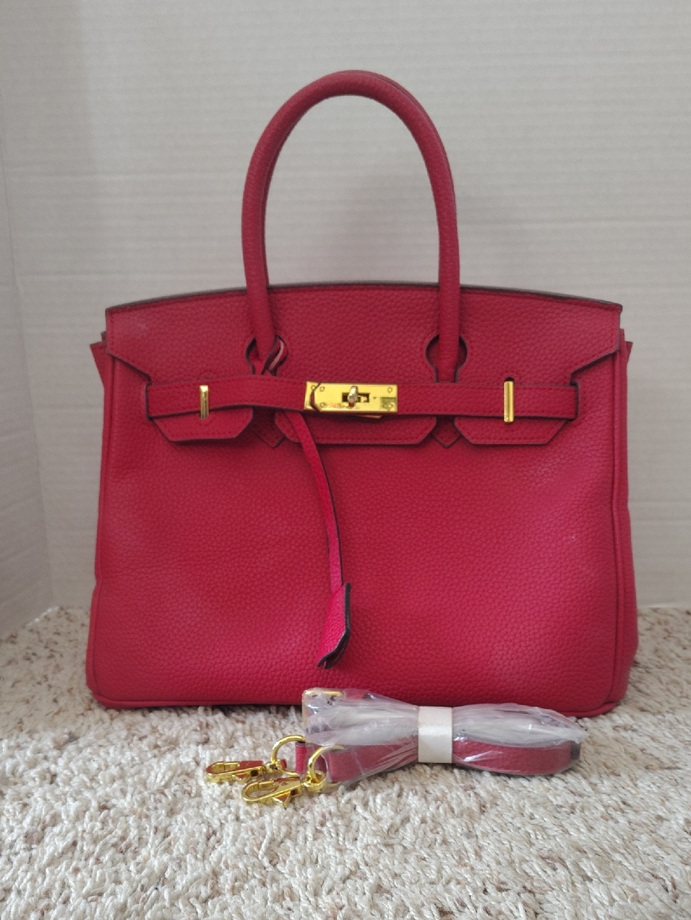 Red Structured Leather Satchel Handbag with Gold Hardware